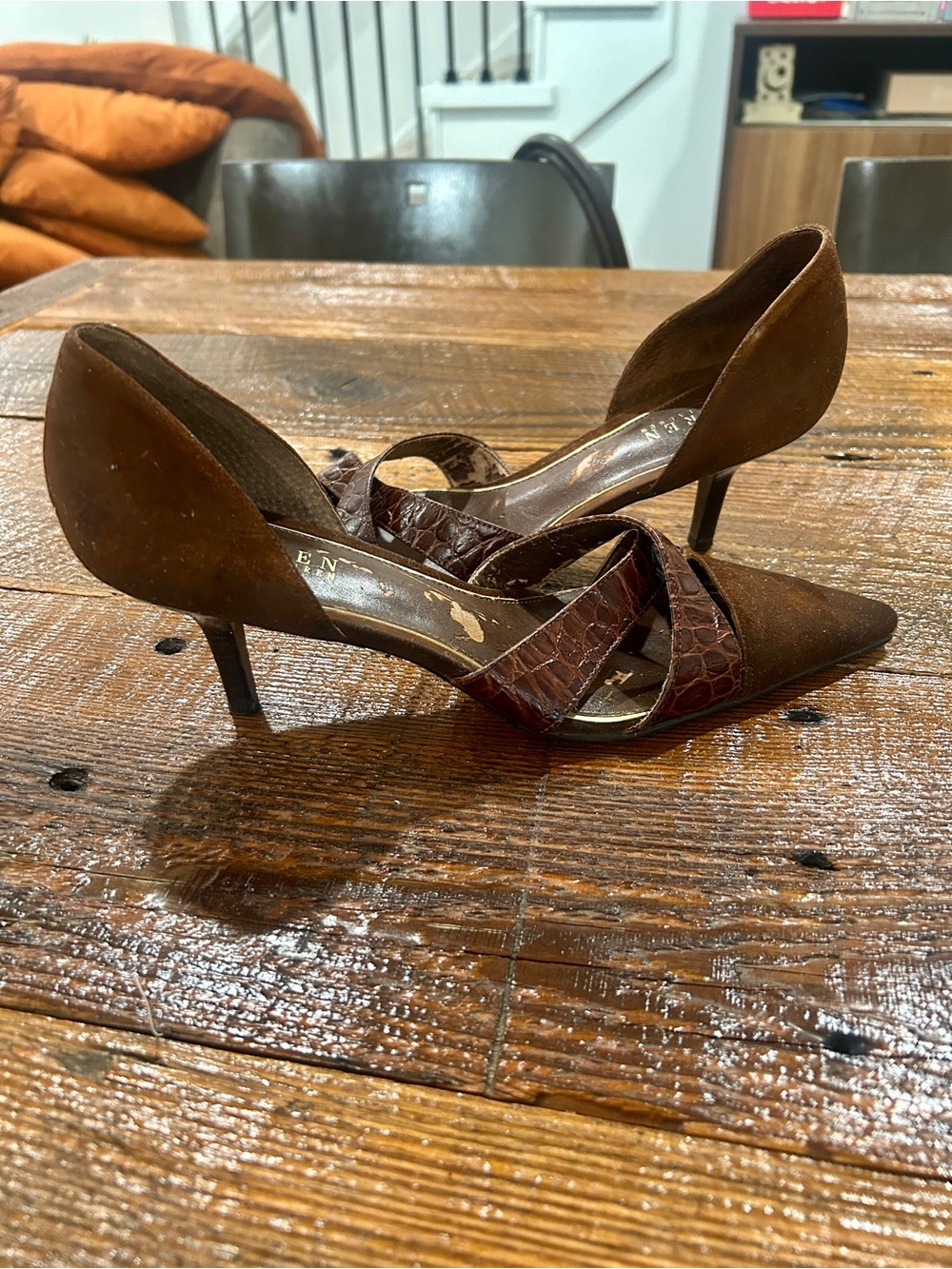 Lauren Ralph Lauren Brown Pointed-Toe Kitten Heel Pumps with Croc-Strap